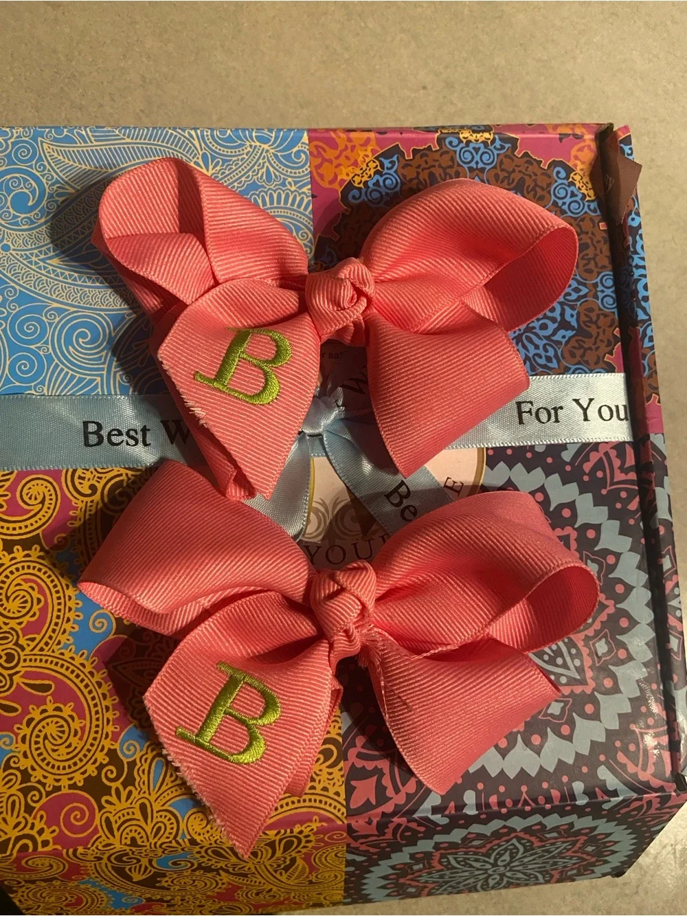 Personalized Coral Pink Girls' Hair Bows with Green 'B' Embroidery - Pair